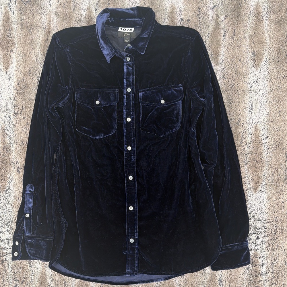 J Crew Velvet Button Down Shirt Women's Size 4 Midnight Blue Long Sleeve